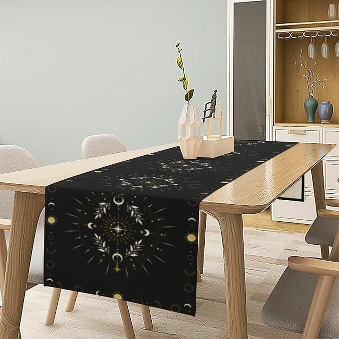 Sun Moon Table Runner, Magical Leaves Mysterious Western Traditional Elements Black White Table Runner for Party Living Room Home Kitchen Dinner Table Runner 13x120 Inch