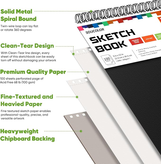 Soucolor 9" x 12" Sketch Book, 1-Pack 100 Sheets Spiral Bound Art Sketchbook, (68lb/100gsm) Acid Free Artist Drawing Book Paper Painting Drawing Writing Sketching Pad for Kids Adult Teens Girls Boys