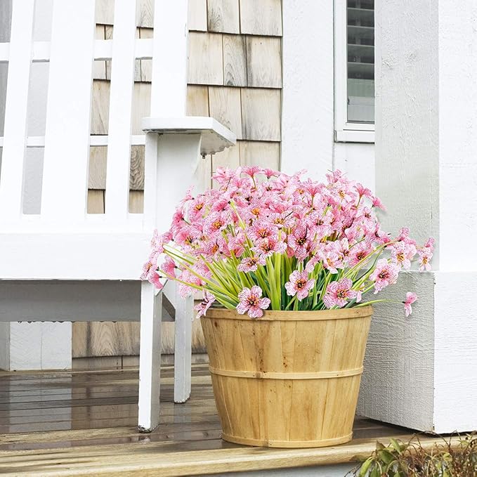 12 Bundles Artificial Flowers Outdoor UV Resistant Fake Flowers No Fade Faux Plastic Plants Garden Porch Window Box Decorating (Pink)