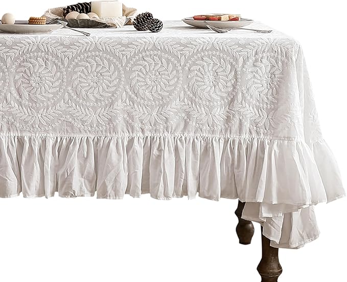 patdrea Vintage Ruffle Tablecloth for Rectangle Tables,Farmhouse Embroidered Cotton White Lace Table Cloth Cover Decor for Dining Room Wedding Banquet Thanksgiving Christmas,67"*114"