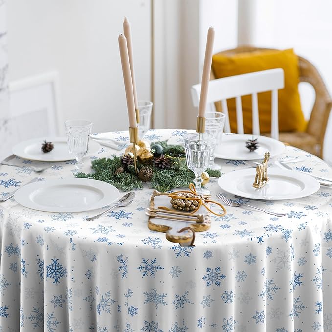 6 Pieces Christmas Snowflake Plastic Party Tablecloth Decorations,Disposable Blue Snowflake White Xmas Round Table Cover Backdrop for Winter Christmas Holiday Party Supplies,84 inch (Blue White)
