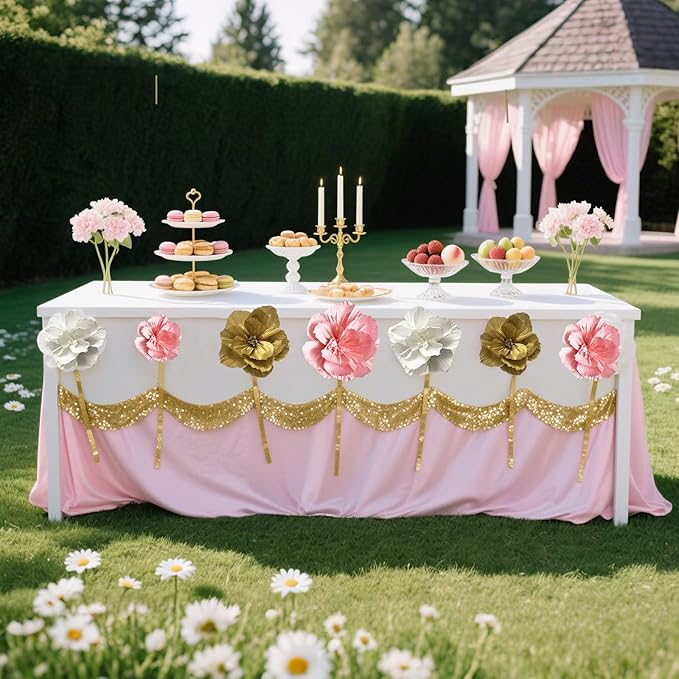 BRT Bearingshui Crepe Paper Flowers Decoration for Wall Total 9 Pcs, Artificial Flowers Backdrop for Wedding Decor Baby Bridal Shower Birthday Party, Pink White Gold 3D Wall Flowers Decor
