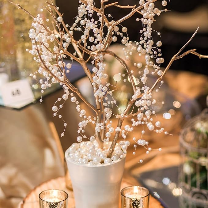 98FT Pearl Beads String Garland, 8mm 3mm Ivory Faux Pearl Beads Roll Strand Bulk for Wedding Party Flower Christmas Decoration DIY Craft