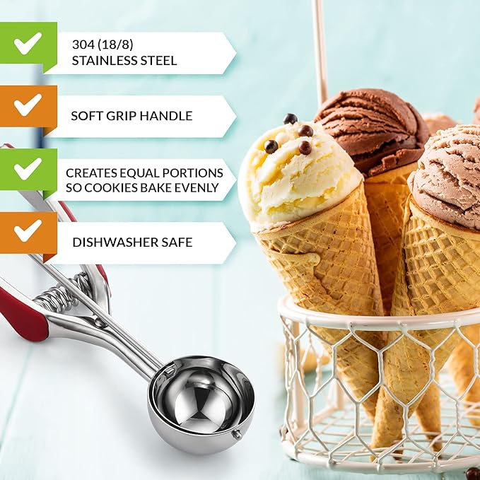 Spring Chef Red Small 1 Tbsp Stainless Steel Cookie Scoop for Baking - Multifunctional Melon Baller - #60 Cookie Dough Scoop with Trigger Release for Ice Cream, Protein Ball - Fruit Scooper and Baller