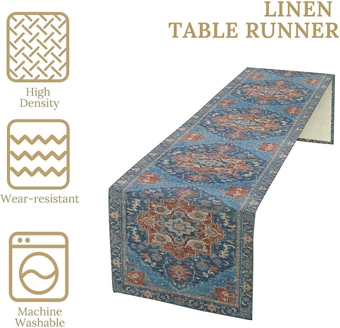 Boho Floral Vintage Table Runner, Retro Abstract Blue Flower Rustic Country Farmhouse Pattern for Home Kitchen Table Decor Dining Coffee Room Party Decor 13x60in