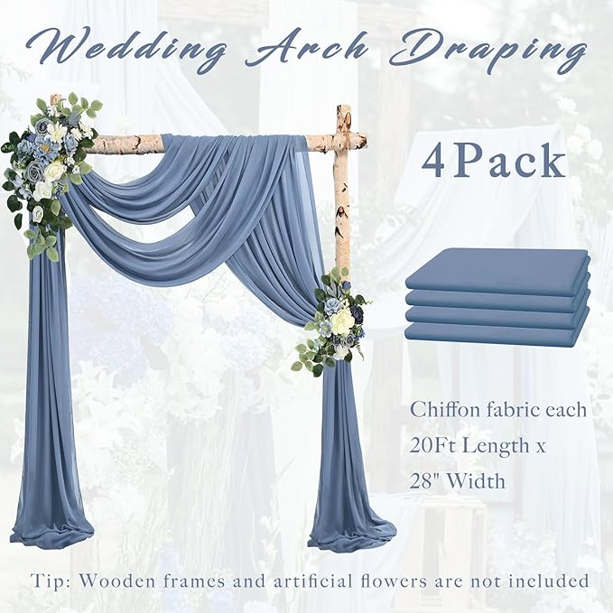Wedding Arch Draping Fabric - Dusty Blue Chiffon, Set of 4 Panels, 20 Ft Length