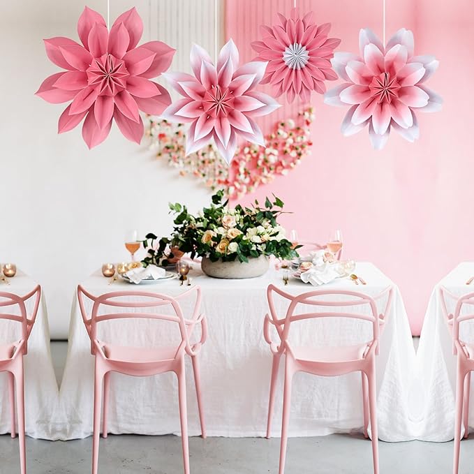 ADLKGG Paper Flower Fan Decorations, Pink Paper Fan Flower Wall Background for Classroom Decor, Tea Party, Spring Summer Party, Birthday, Baby Shower, Wedding, Nursery Decoration, Set of 4