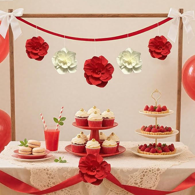 BRT Bearingshui Crepe Paper Flowers Decoration for Wall Total 9 Pcs, Artificial Flowers Backdrop for Wedding Decor Baby Bridal Shower Birthday Party, Red Beige 3D Wall Flowers Decor