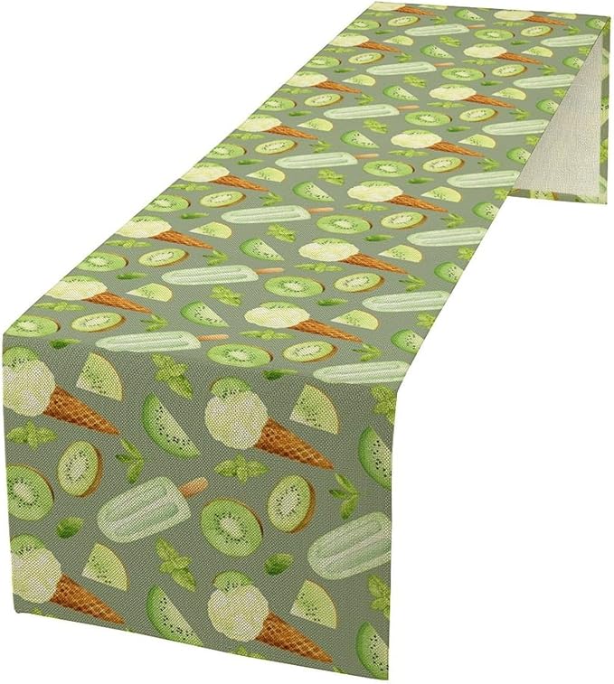 Summer Ice Cream Popsicles Table Runner, Watercolor Green Kiwi Seasonal Fruit Sweet Dessert Dinner Runner for Party Holiday Home Kitchen Dining Table Decor 13"x60"
