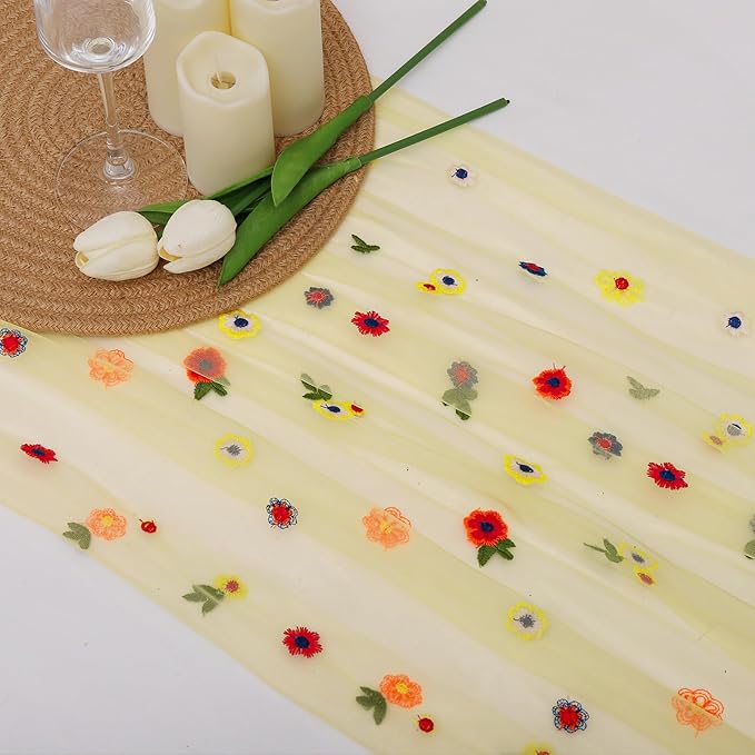 BINBE 1pcs Daisy Fall Table Runner Embroidery Gauze 10FT Florals Seasonal Tulle Holiday Birthday Kitchen Dining Table Decor for Home Party Yellow