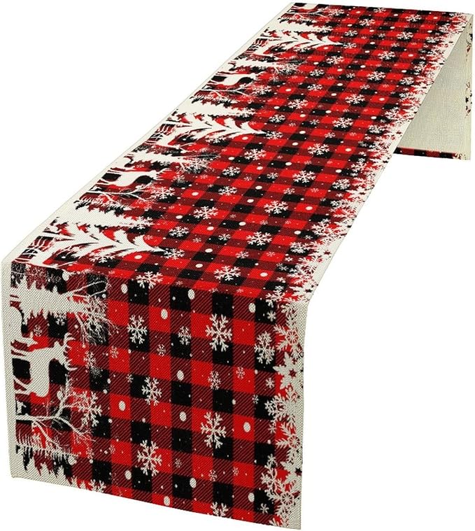 Christmas Table Runner,Red Black Plaid Xmas Snowflakes Deer Trees Print Tablecloth Burlap for Hotel Indoors Outdoor Dining Room Kitchen Home Decor,W13X L36 in