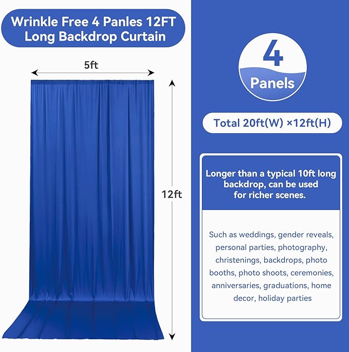 20ftx12ft Wrinkle Free Royal Blue Backdrop Curtain, 4 Panels 12FT Height Royal Blue Wedding Backdrop Drapes, Silky Polyester Back Drop Cloth for Birthday Photography Background Party Backdrop Draping