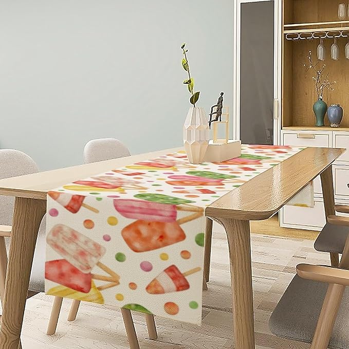 Summer Popsicles Table Runner, Watercolor Colorful Fruit Ice Cream Pops Berry Kiwi Cold Summer Sweet Seasonal Dinner Runner for Party Holiday Home Kitchen Dining Table Decor 13"x120"