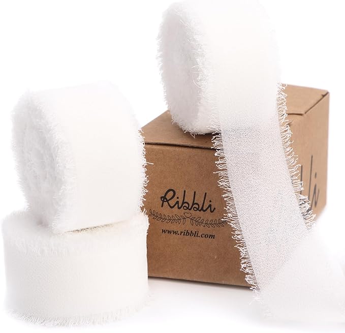 Ribbli White Ribbon 1 Inch x 3 Rolls Total 24 Yards Handmade Fringe Chiffon Silk Ribbon for Wrapping Wedding Invitations Bridal Bouquets DIY Crafts Home Decor