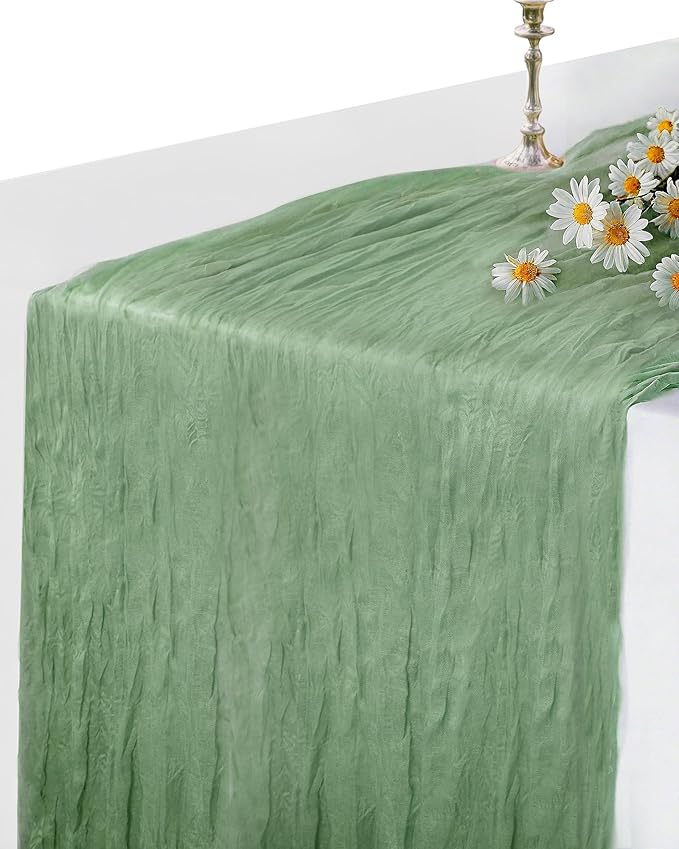 Sage Green Cheesecloth Table Runner 120 Inch, Boho Rustic Gauze 10 FT, Summer Cheese Cloth Runner for Wedding, Baby Bridal Shower, Party, Farmhouse Centerpiece Home Decorations