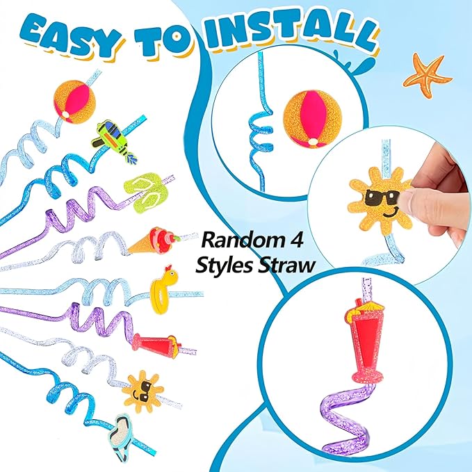 Straws, 24 Count Reusable Glitter Beach Design for Summer Parties