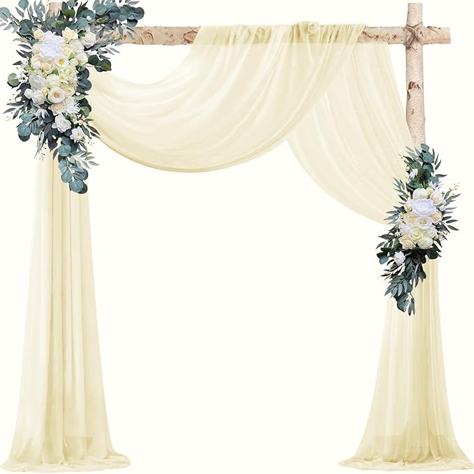 VOK Wedding Arch Draping Fabric Chiffon Fabric, 29in x 18Ft Sheer Chiffon Outdoor Curtain for Wedding Ceremony Birthday Party Decoration (Light Yellow,1 Panel)