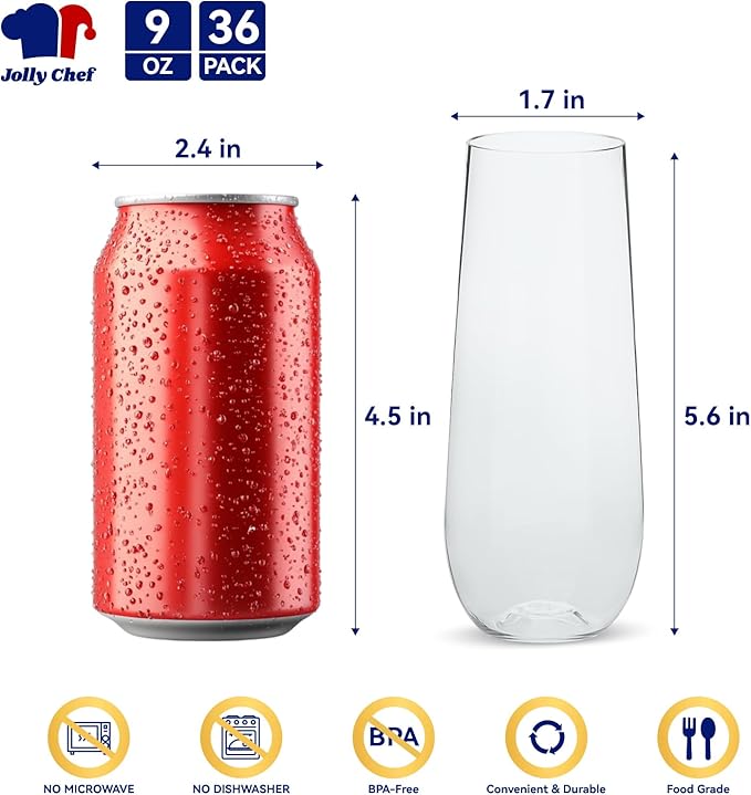 Stemless Champagne Flutes, 9 oz Clear Plastic, 36 Count