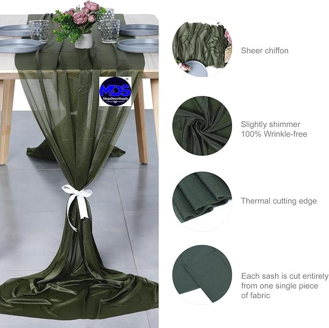 MDS Halloween Chiffon Table Runner - 25 Pack, 29 x 170 Inches, 14ft Each - Sheer Spooky Table Runners for Haunted House Parties, Trick-or-Treat Tables, Witchy Décor, Wedding & Events - Olive Green