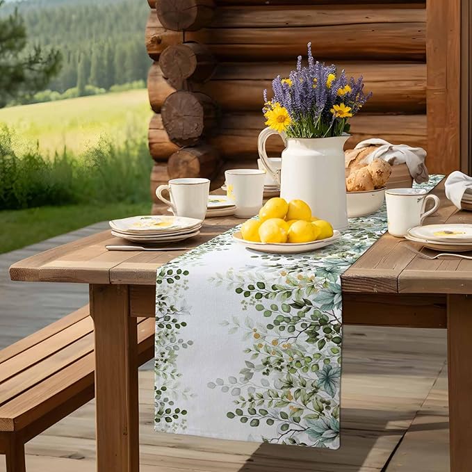 Sage Green Eucalyptus Cotton Linen Table Runner for Dining Kitchen, Farmhouse Leaves Wedding Outdoor Party Tablerunners Decoration Botanical Floral Dresser Scarf Coffee Tablecloth Runners 13x60 Inches