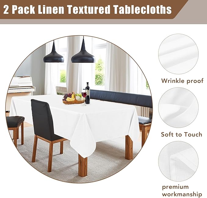 Fitable Faux Linen Tablecloths Rectangle 60 x 120 Inch - 2 Pack Textured Table Clothes for 8 Foot Tables, White Faux Burlap Table Covers for Dining, Party, Farmhouse, Banquet, Wedding