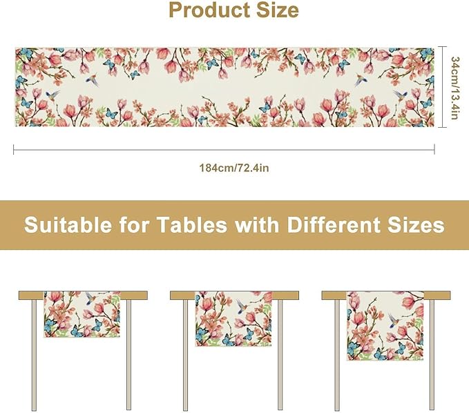 Spring Floral Bird Table Runner, Watercolor Pink Flower Plants Nature Butterfly Table Runner for Kitchen Dinner Living Room Home Party, 13x60 Inch