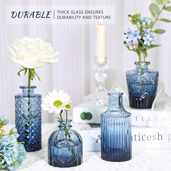 Glass Bud Vase Set of 12, Small Blue Flower Vases for Centerpieces in Bulk, Mini Vintage Vase for Wedding, Home,Table Decoration