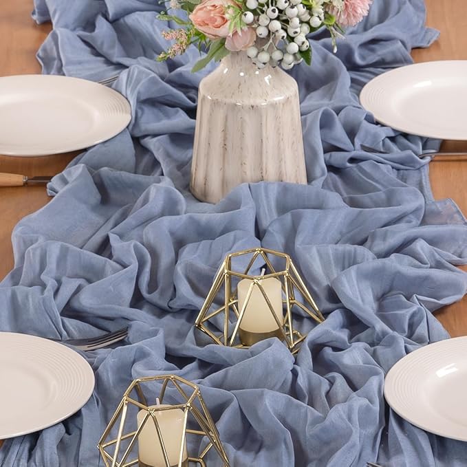 MLMW 4 Pack Dusty Blue Table Runner Cheesecloth Gender Reveal Boho Gauze Rustic Cheese Cloth Table Runner 160 inch Sheer 13.3ft for Wedding Party Baby Bridal Shower Birthday