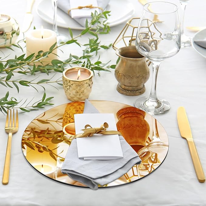 VASUHOME 8" Gold Mirror Centerpieces for Tables, Round Mirror Plates Set for Candle, Wedding, Party Decorations, Circle Mirror Trays with Smooth Edge and Cushioned Feet, 2mm Thick