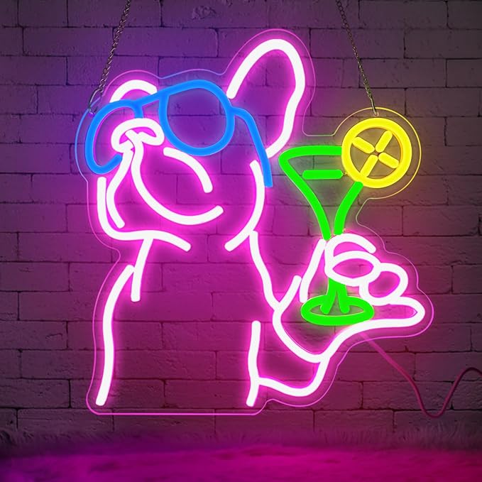 French Bulldog Drinking Cocktail Neon Sign,Bulldog Cocktail Bar Led Neon Signs for Wall Decor,Funny Dog Neon Light Up Sign,Neon Bar Signs for Bedroom Man Cave Party,French Bulldog Gifts