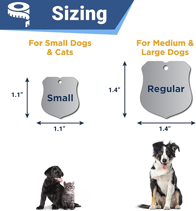 GoTags Stainless Steel Pet ID Tags, Personalized Dog Tags and Cat Tags, up to 8 Lines of Custom Text, Engraved on Both Sides, in Bone, Round, Heart, Bowtie and More (Ranger Badge, Small (Pack of 1))
