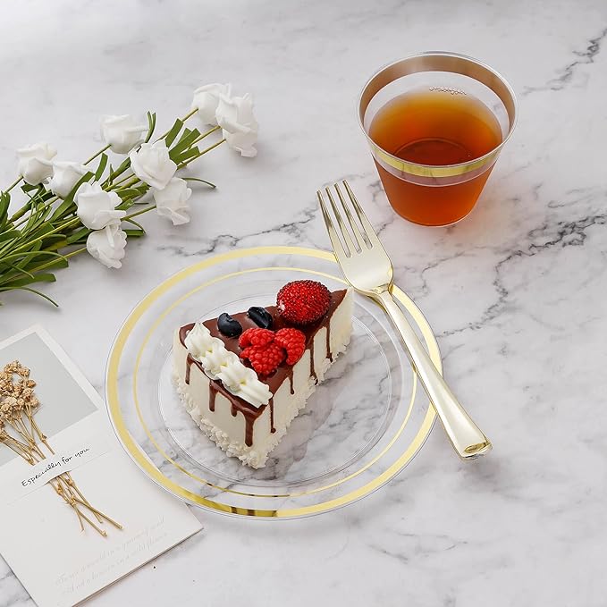 BESTVIP 300PCS Plastic Dinnerware Set (50 Guests), Clear Gold Disposable Plates for Party, Wedding, Christmas, Anniversary, Includes: Dinner Plates, Dessert Plates, Cups, Spoons, Forks and Knives