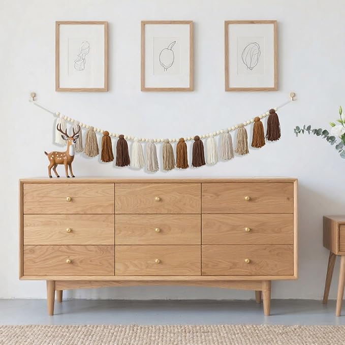 Tassels Garland Boho Terracotta Brown Yarn and Wood Bead Banner