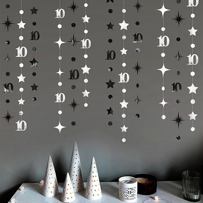 Silver Black 10th Birthday Decorations Number 10 Circle Dot Twinkle Star Garland Metallic Hanging Streamer Backdrop for Girls Boys Double Digits Ten Years Old Birthday 10th Anniversary Party Decor