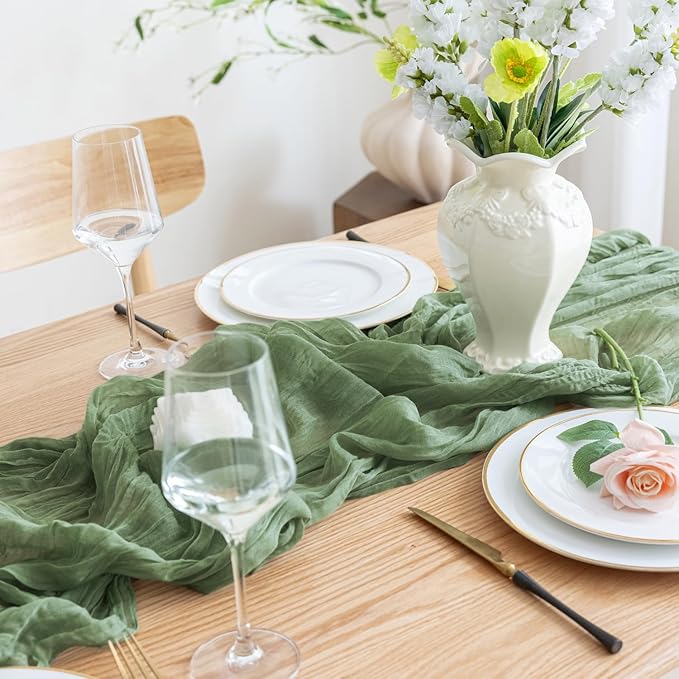 Asee'm Cheesecloth Table Runner 120 Inches Sage Green Boho Gauze Cheese Cloth Runner 10FT Rustic Sheer Fall Table Runners for Thanksgiving Wedding Baby Shower Holiday Party Decoration