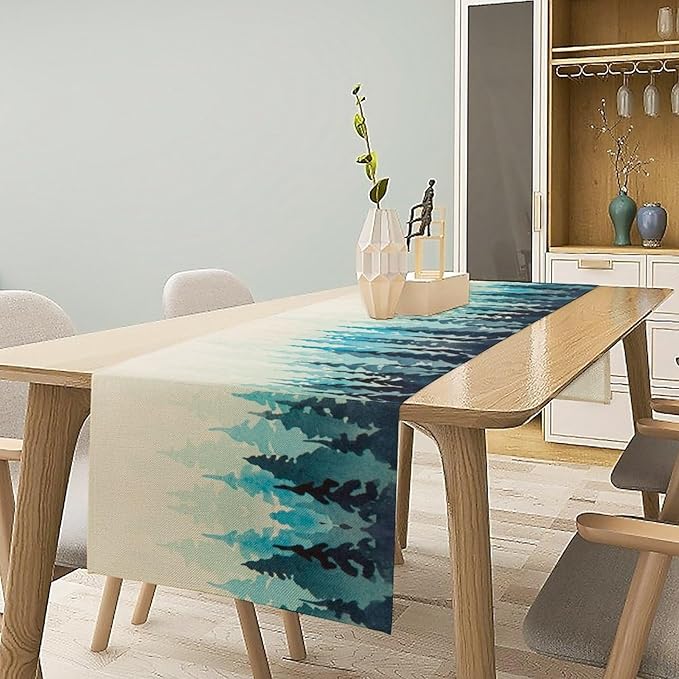 Misty Forest Table Runner,Foggy Blue Forest Landscape Table Runner for Kitchen Dining Table Home Party Decoration 13x120 Inch
