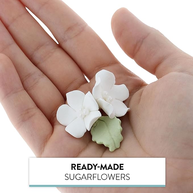Edible Cake Toppers: 24 White Gumpaste Flowers and Leaves, Small Size
