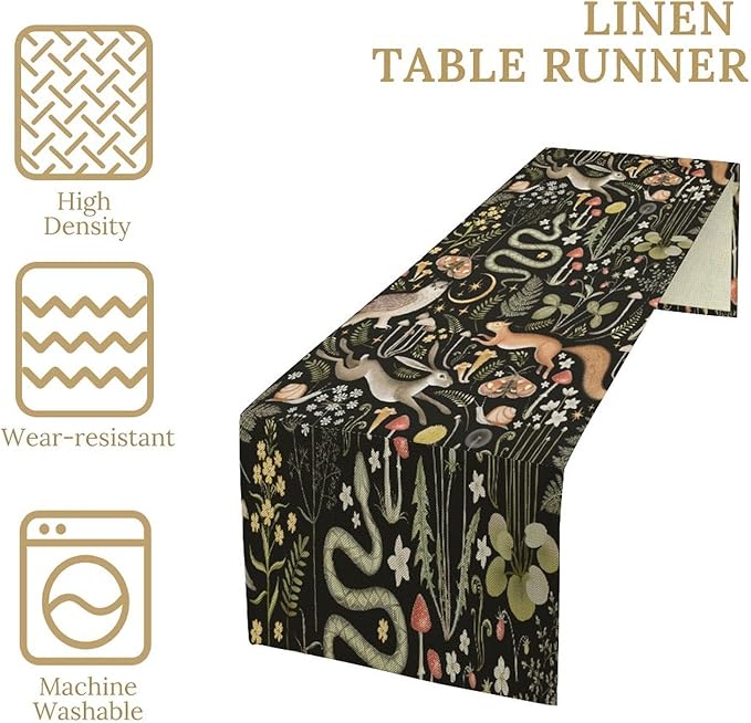 Mushroom Table Runner,Vintage Boho Forest Wild Animal Wildflower Botanical Plants Pattern Print Burlap Hotel Indoors Outdoor Dining Room Kitchen Holiday Party, 13x60in