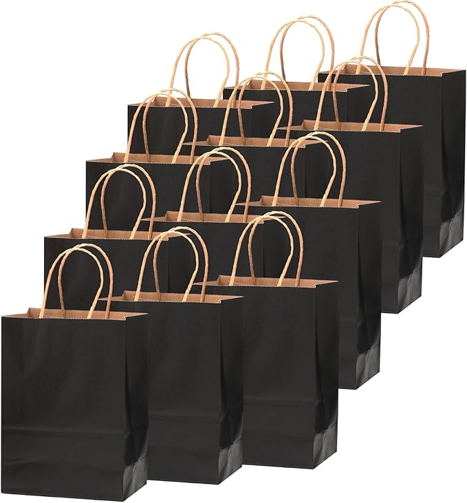 qiqee 50-Packs Black Paper Gift Bags with Handles Bulk 11"x8.3"x4.3" Medium Size Paper Bags Multiple Uses