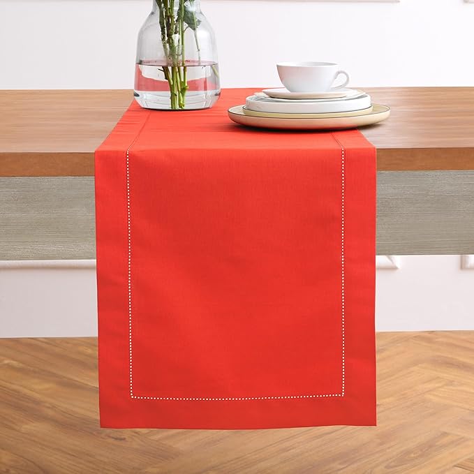 Solino Home Table Runner 120 Inches Long - Cotton Linen Hemstitch Poppy Red Table Runner 14 x 120 Inch for Halloween