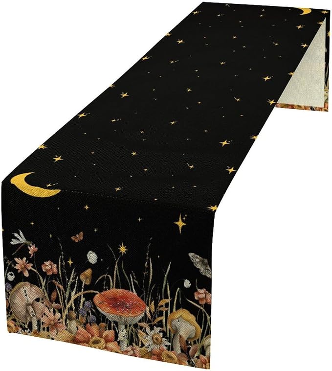 Mushroom Kitchen Table Runner, Gothic Moon Star Plants Witchy Moonlit Flower Butterfly Table Runner for Kitchen Party Living Room Drapes, 13x120 Inch Black