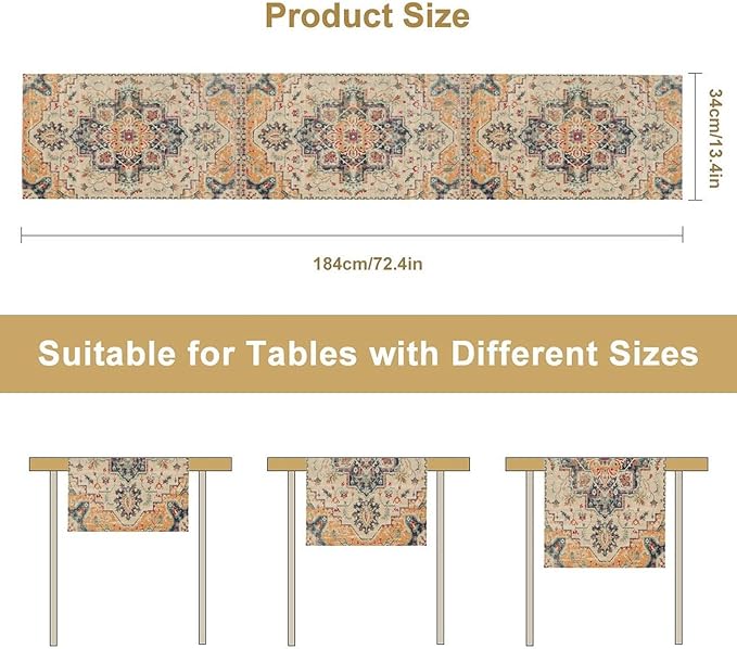 Bohemia Orange Table Runner, Rustic Farmhouse Vintage Geometric Floral Print Table Cover for Home Kitchen Dining Table Party Decor, 13x70inch