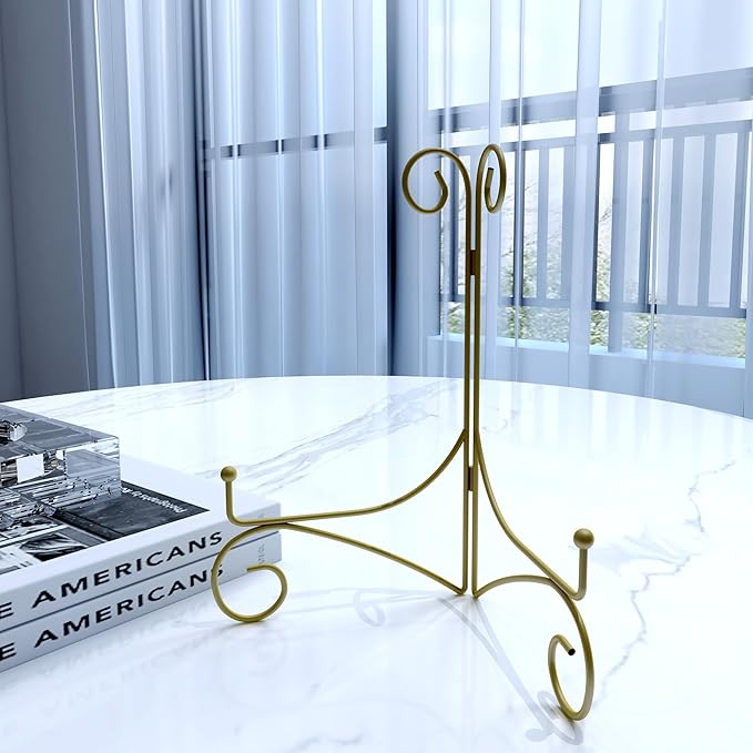 10 Inch Display Plate Stand with Folding Design, Metal Plate Holder for Tables, Picture Easel for Home Decoration, Photo Frame Stand, 10'' Gold, 2-Pack