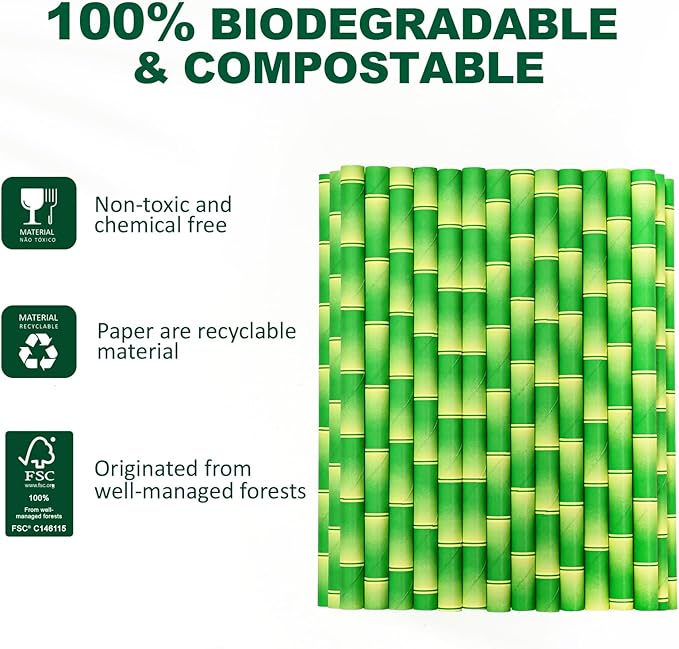 Paper Straws, 250 Count Green Bamboo Disposable, 5.75 Inch Giant
