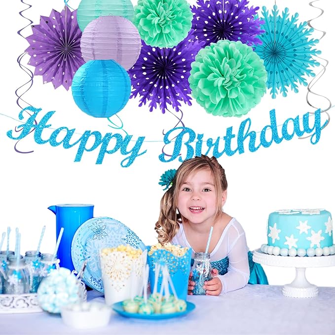 Banners Winter Wonderland Party Kit, Paper Decor in Blue, Purple and Teal