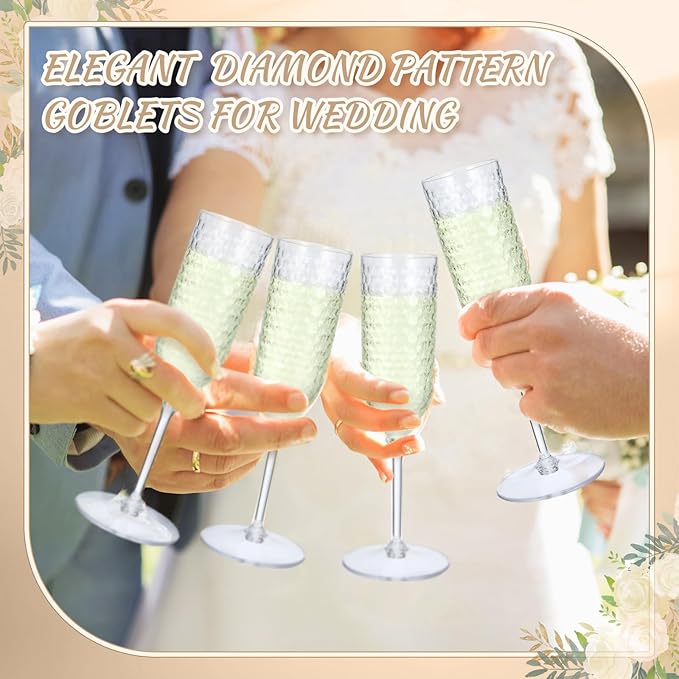 Champagne Glasses, 24 Clear Plastic Flutes with Diamond Pattern