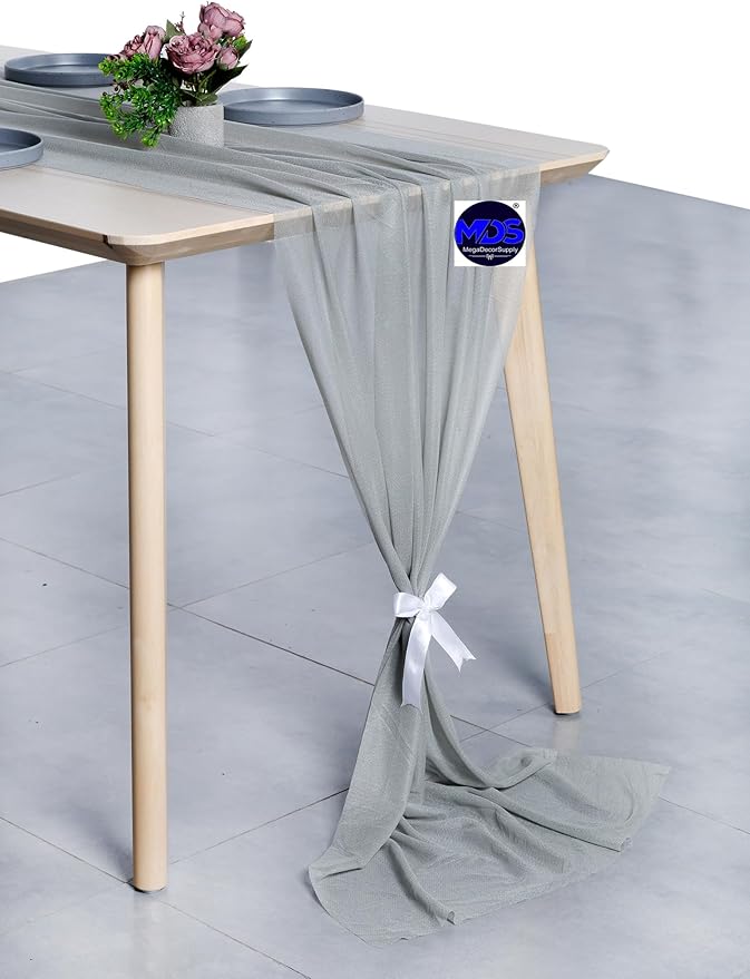 MDS 25 Pack 10ft Chiffon Table Runner 29 x 120 Inches Sheer Wedding Runner Romantic Rustic Table Runner for Wedding Decorations, Birthday Parties, Bridal Shower Party Arch Decor - Gray