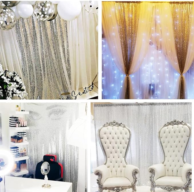 Poise3EHome 5FT x 7FT Silver Sequin Photography Backdrop Curtain for Party Decoration, Silver