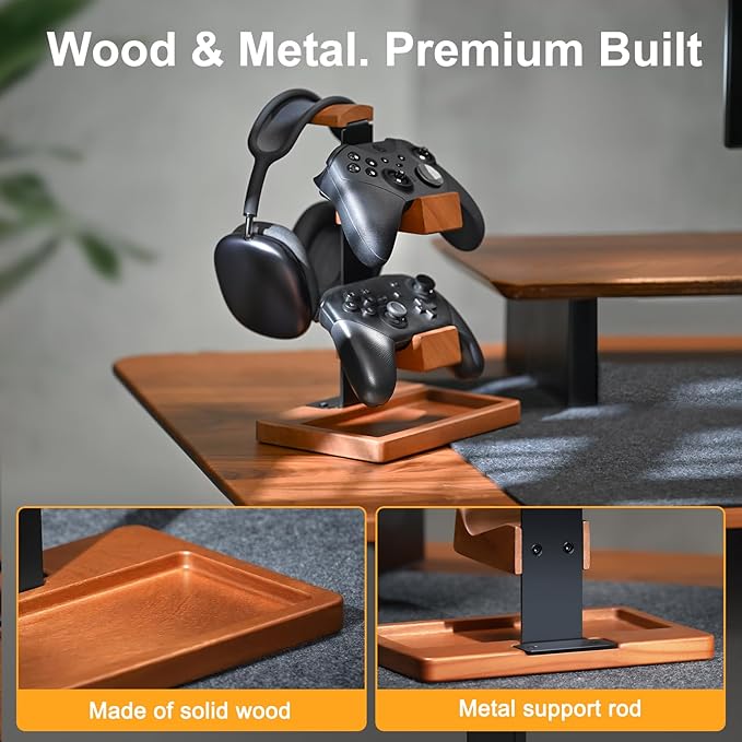 Solid Wood Controller Holder and Headphone Stand, Gaming Controller Stand for Desk, Dual Controller Organizer Rack, Fits Xbox, PS4, PS5, Gamepad, Headset Holder for Son, Husband, Boyfriend