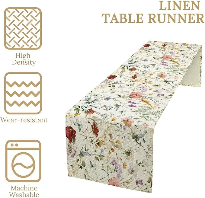 Floral Butterfly Table Runner,Rustic Colorful Flower Botanical Watercolor Pattern Print Burlap for Hotel Indoors Outdoor Dining Room Kitchen Holiday Party, 13x80in